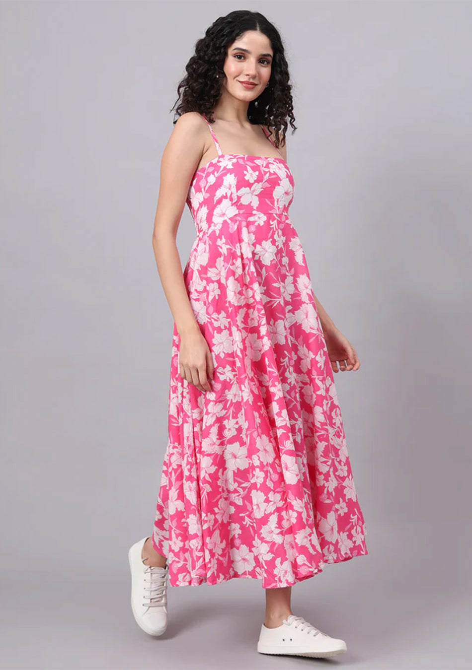Pink Floral Shoulder Straps Cotton Dress