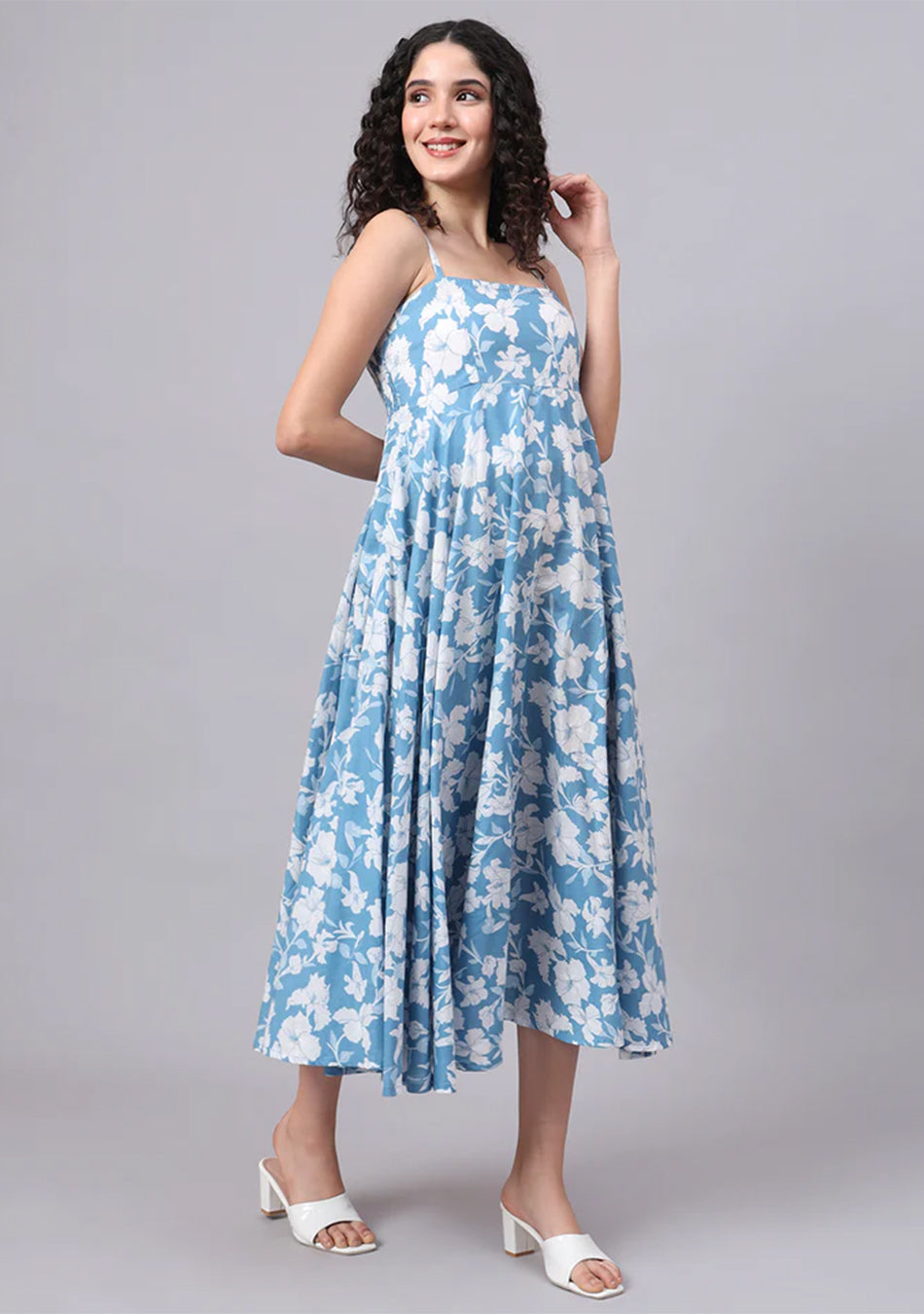 Blue Floral Shoulder Straps Cotton Dress
