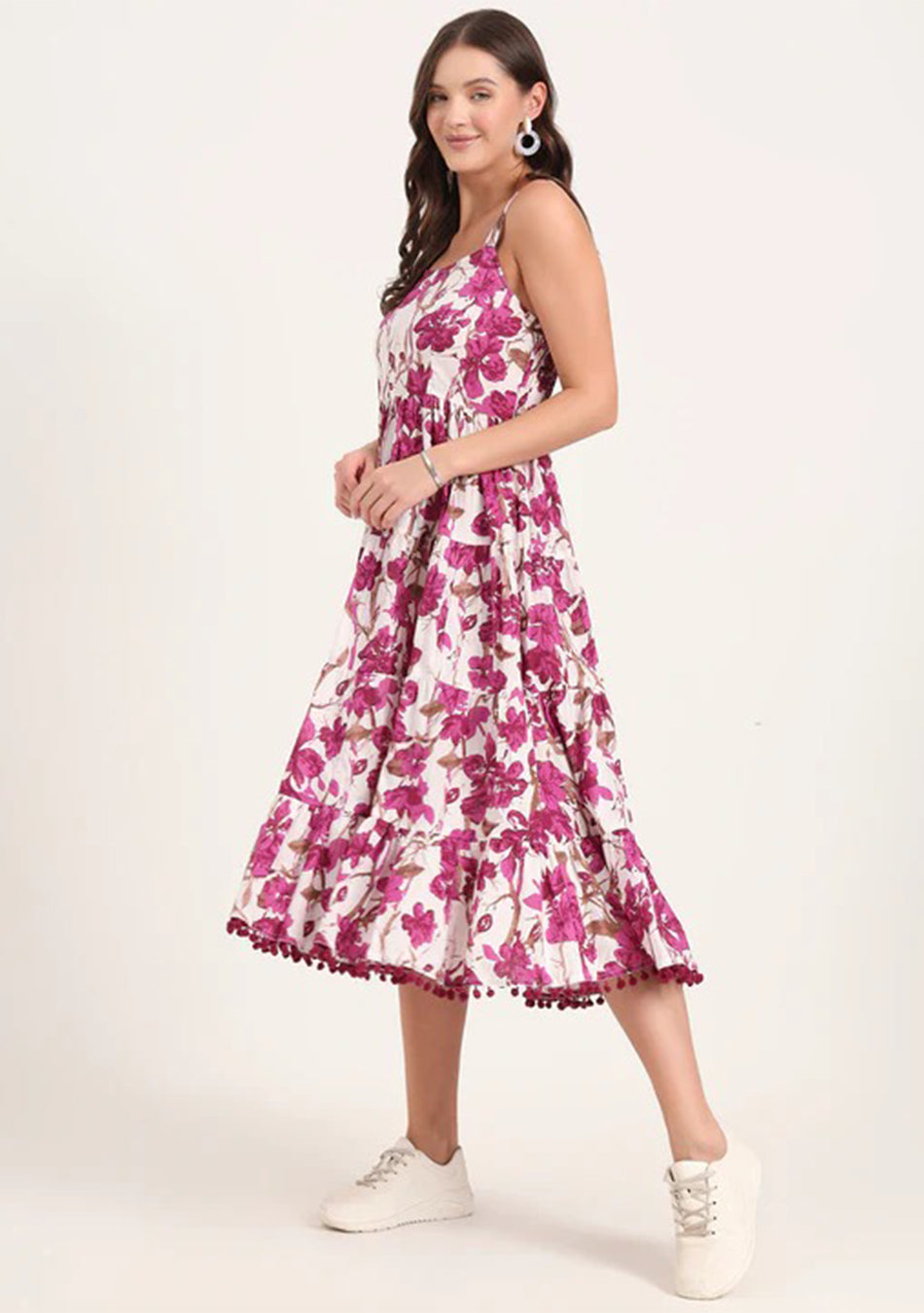 Purple Printed Cotton Shoulder Strap Pompom Dress