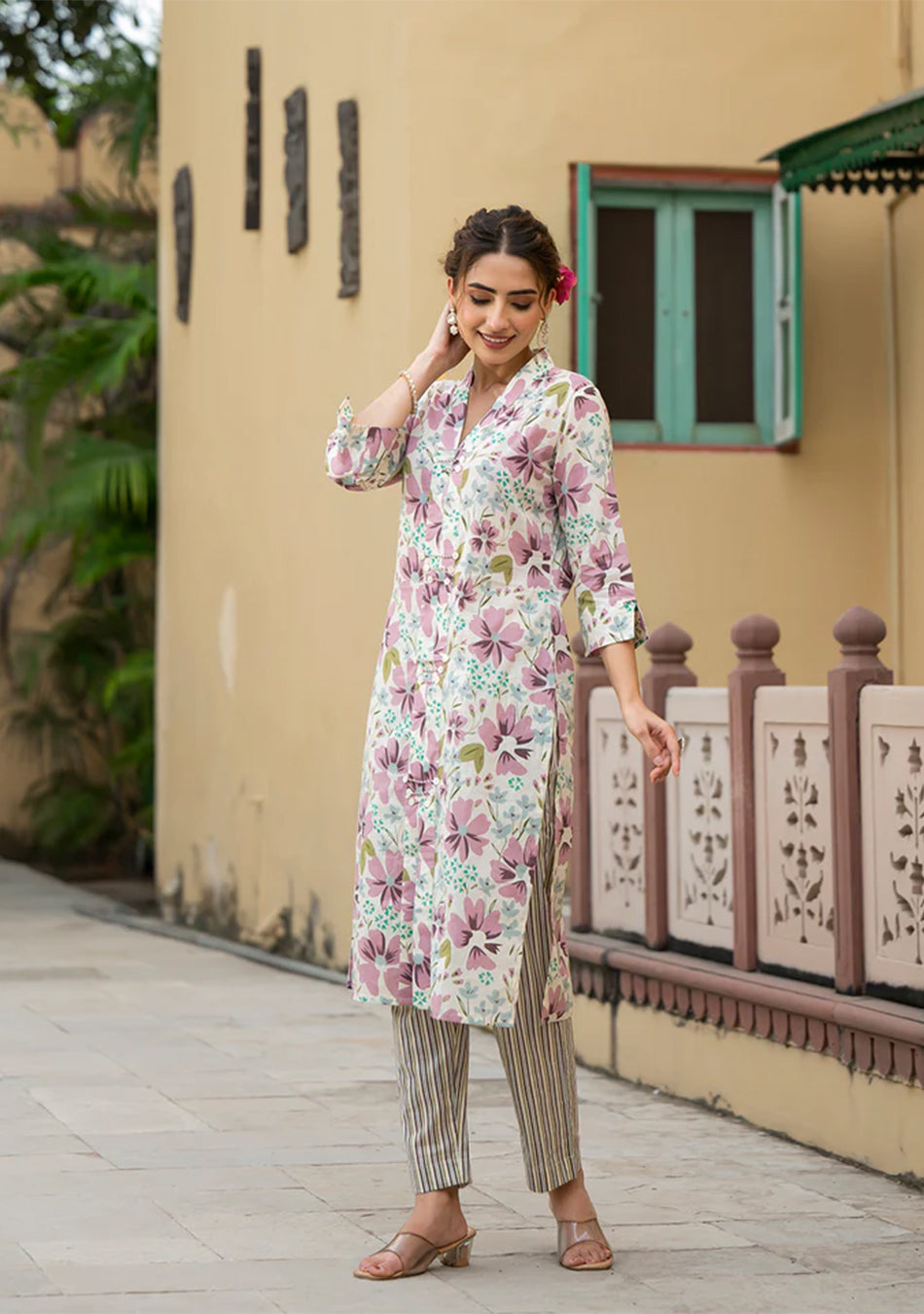 Lavender Floral Print Pure Cotton Straight Kurta with Trouser