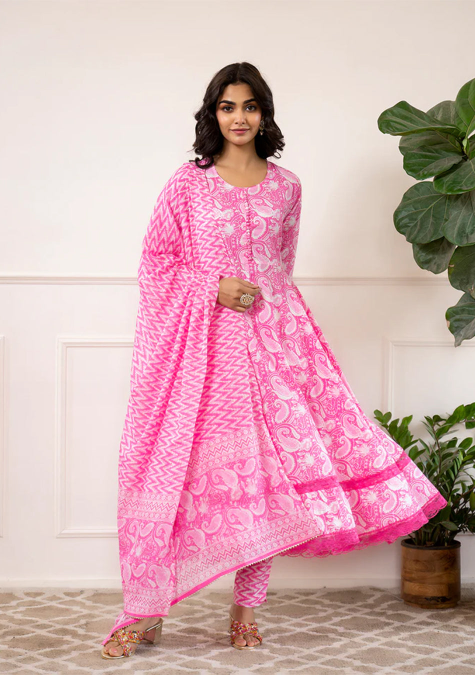Pink Floral Print Cotton Anarkali Kurta Trouser with Dupatta Set