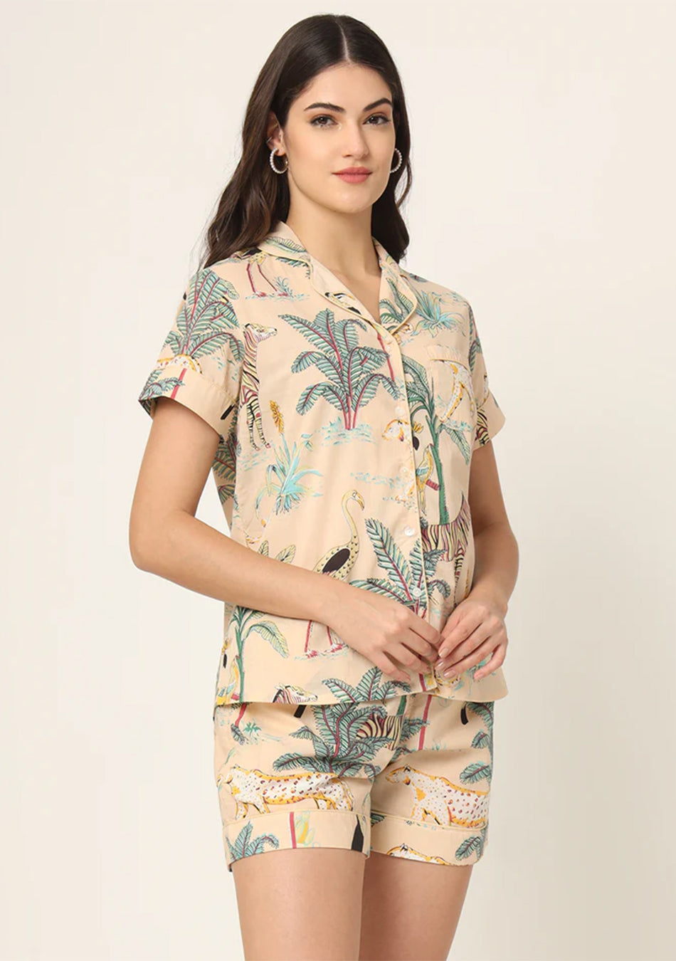 Cream Floral Print Pure Cotton Regular Night Suit