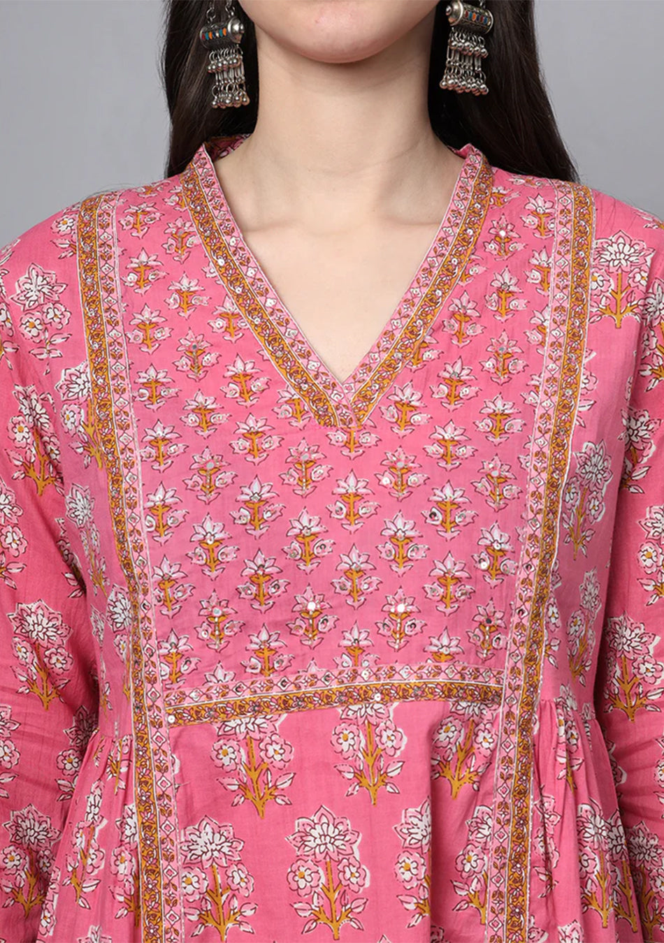 Pink Cotton Printed Sequin Work Kurta Set