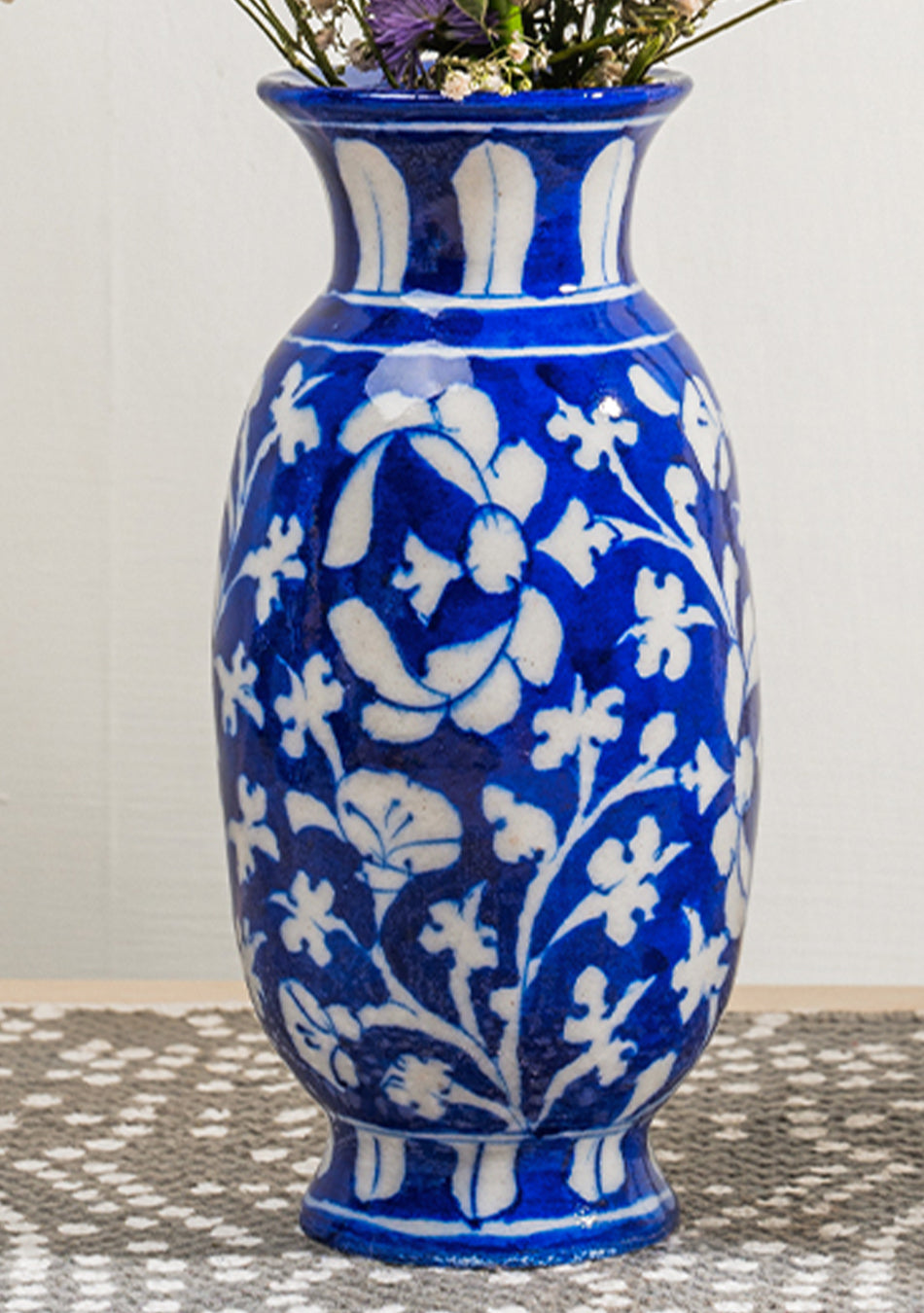 Blue Pottery White Floral Vase