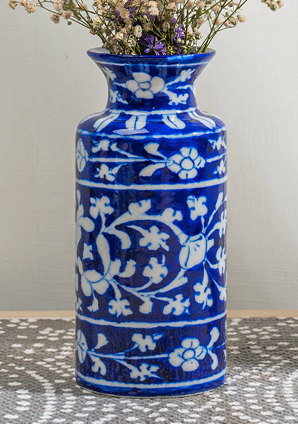 Blue Pottery White Floral Can Vase