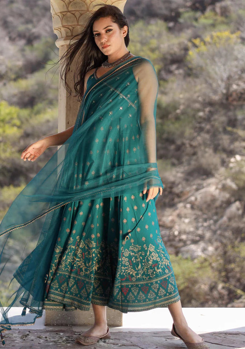 Rama green Rayon Shoulder Strip Anarkali Kurta with Net Dupatta