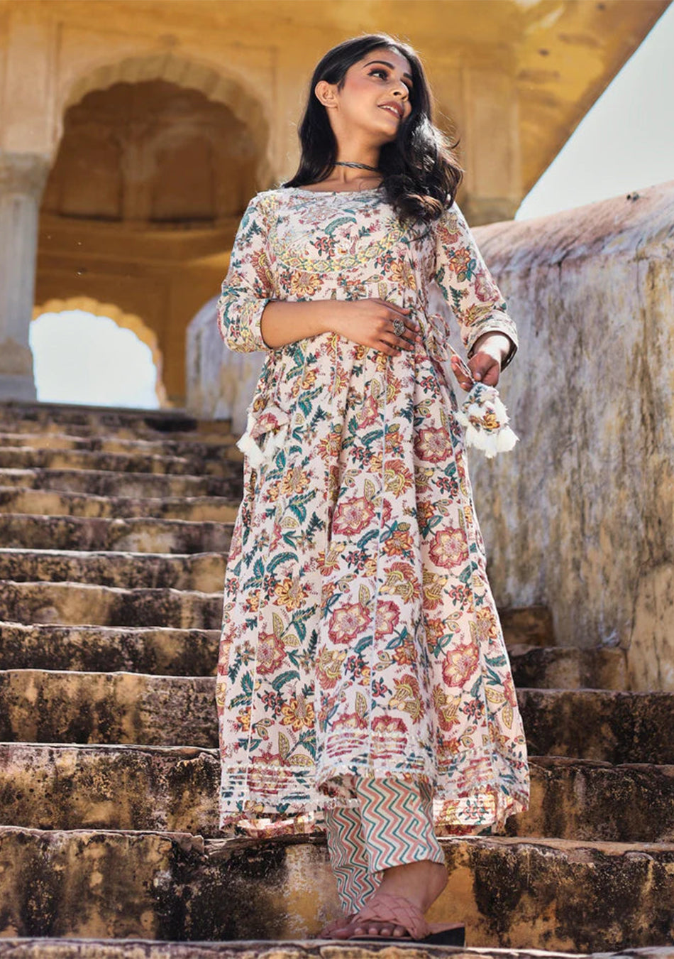 Off white Printed Anarkali Kurta Pant Set