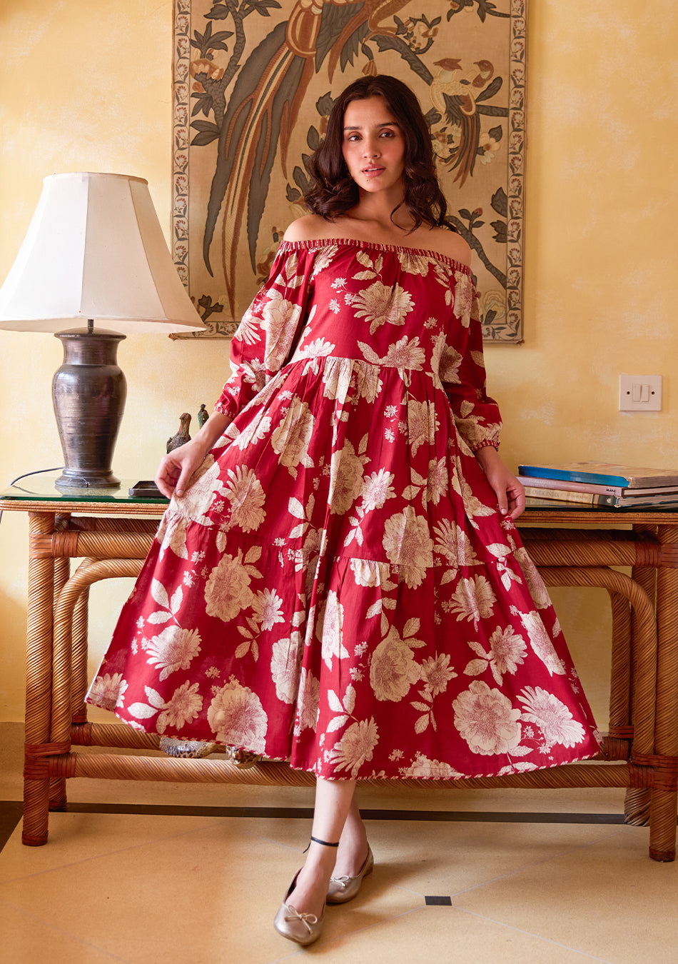 Crimson Bloom Off Shoulder Dress