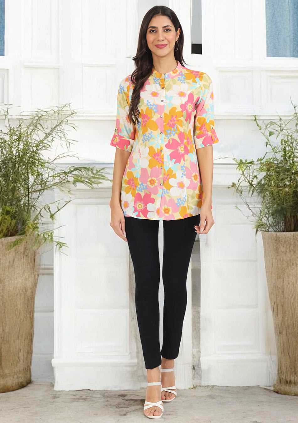 Yellow Floral Printed Fold Sleeve Rayon Top