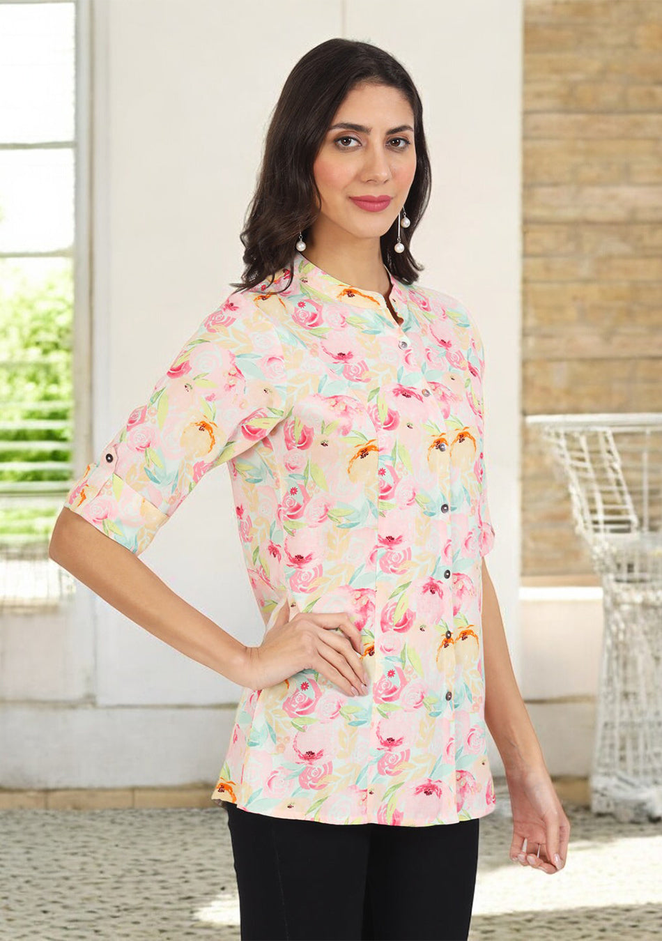 Green Floral Printed Rayon Top