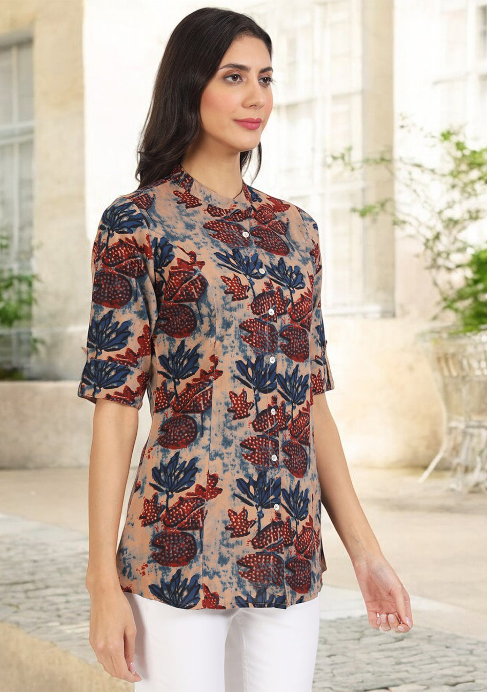 Beige Multi Floral Printed Rayon Top