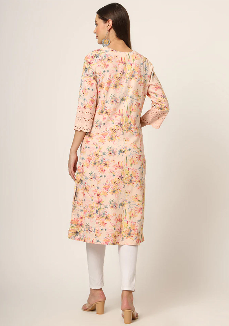 Pink Floral Printed Cotton A-Line Fold Sleeve Kurta