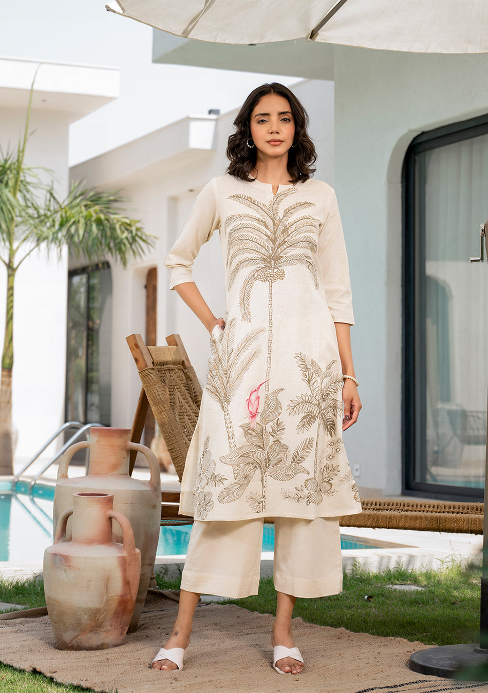 Off white Floral Printed Cotton A-line Fit Kurta Pant Set