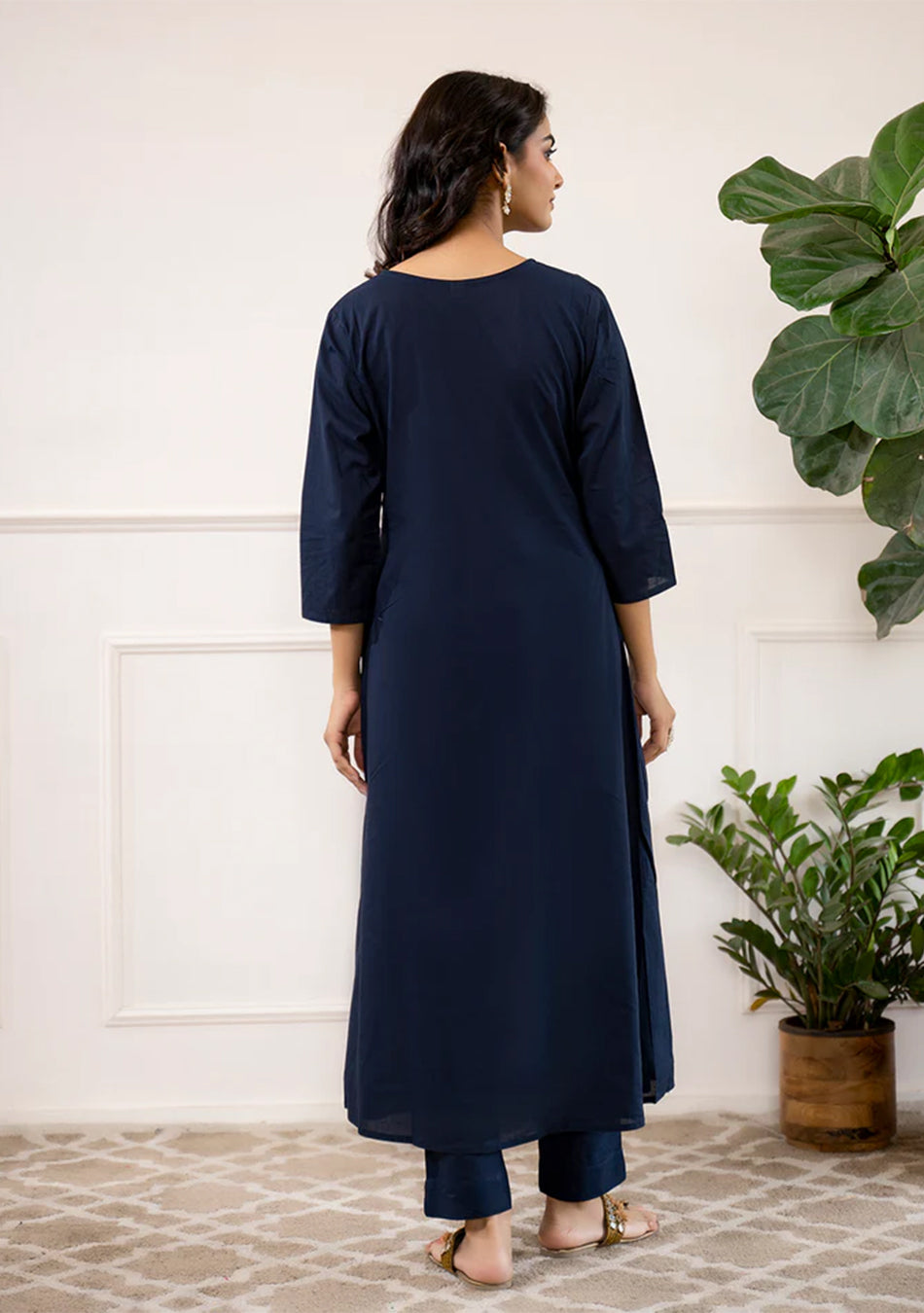 Navy Blue Printed A-Line Cotton Kurta Set