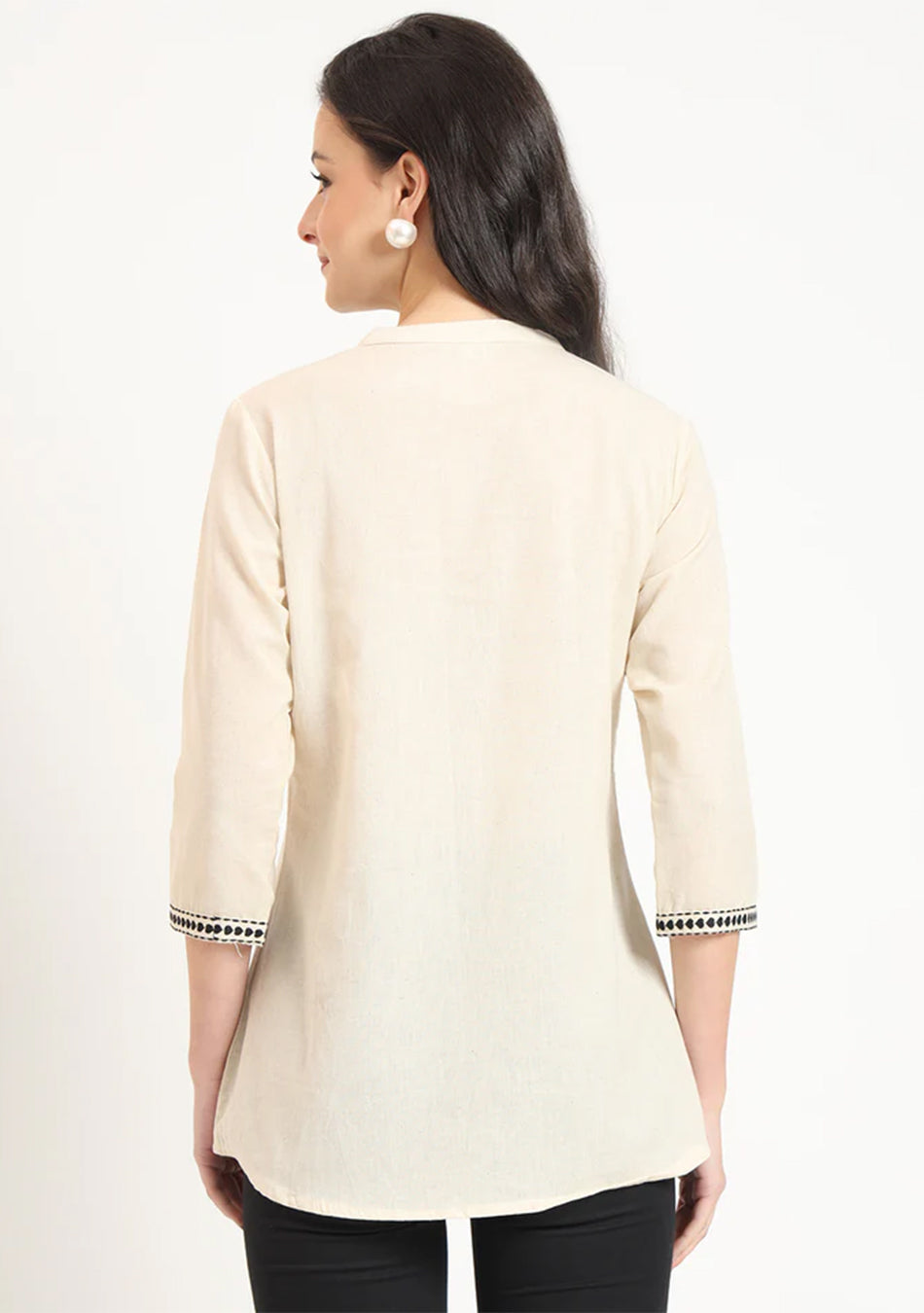 Off White Cotton Round Neck Embroidery Top