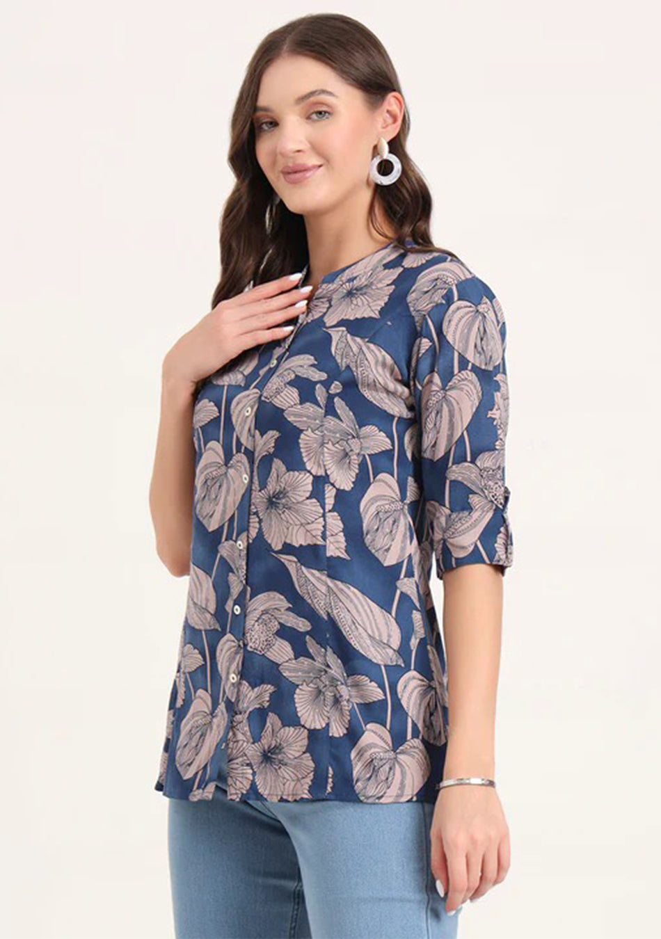 Navy Blue Rayon Rollup Sleeves A-Line Top
