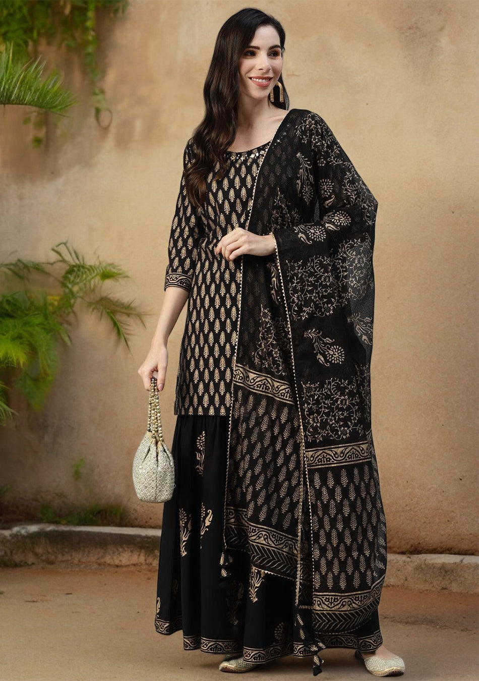 Black Cotton Kurta Sharara Set with Gold Print and Dupatta