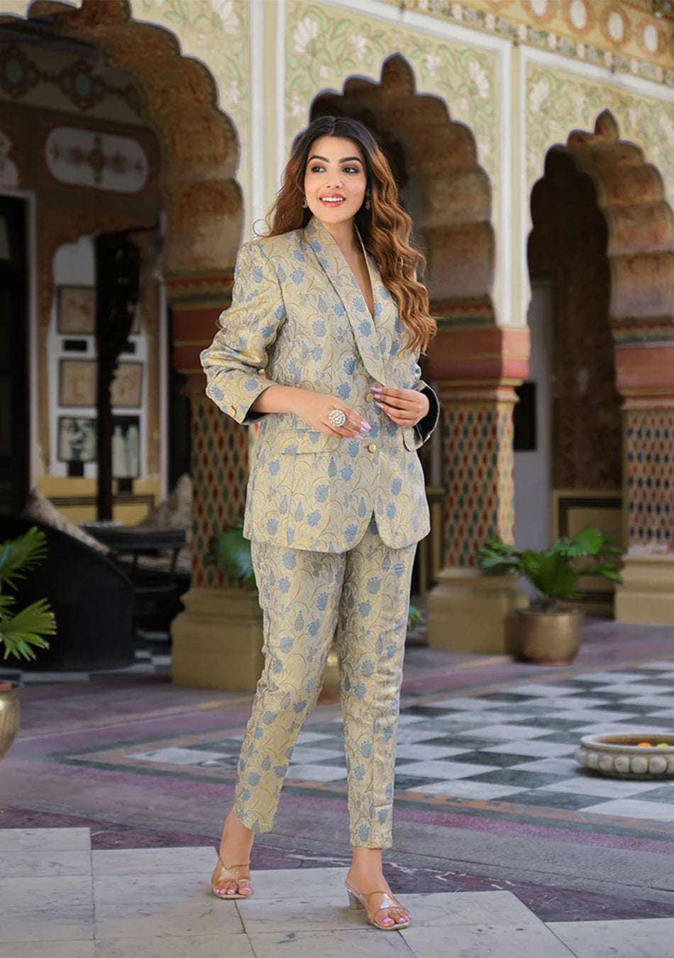 Golden Brocade Printed Coat with Pant