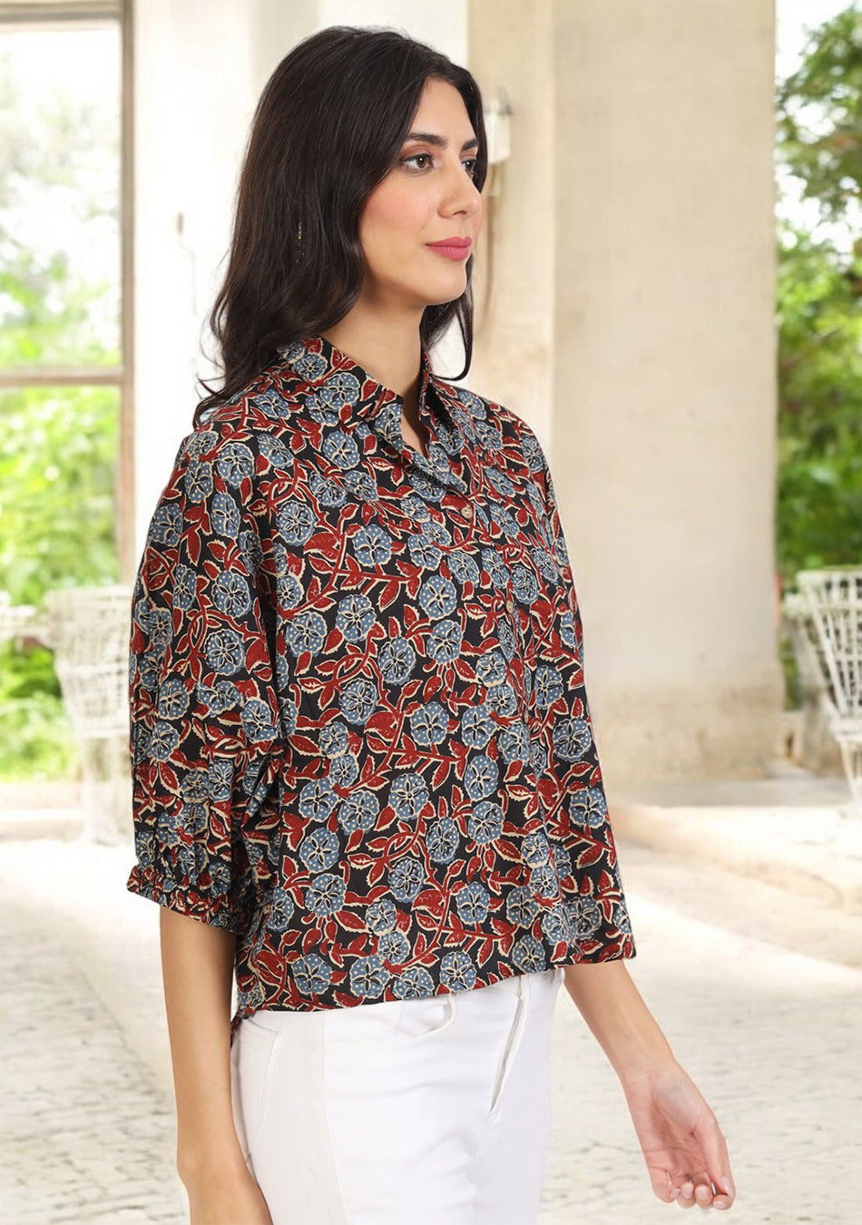 Black Floral Printed Cotton Tops