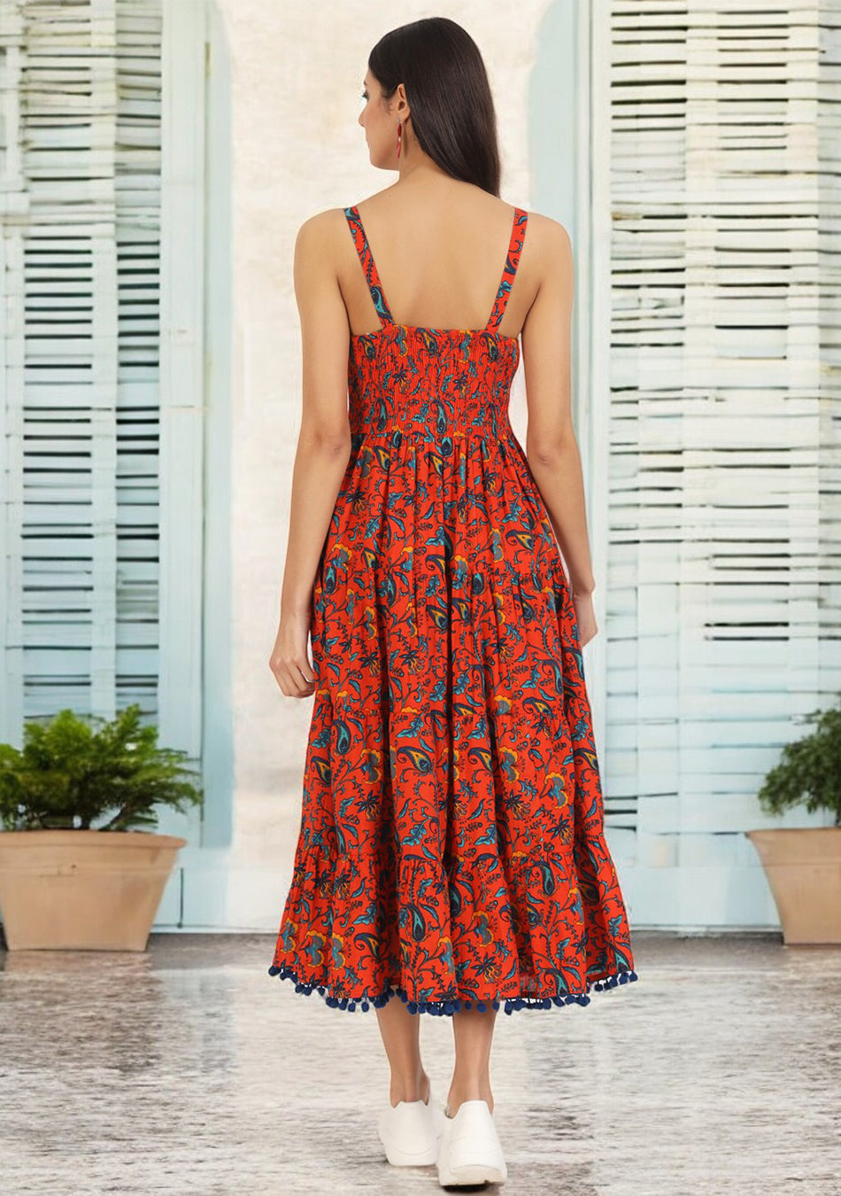 Red Floral Printed Cotton Dress
