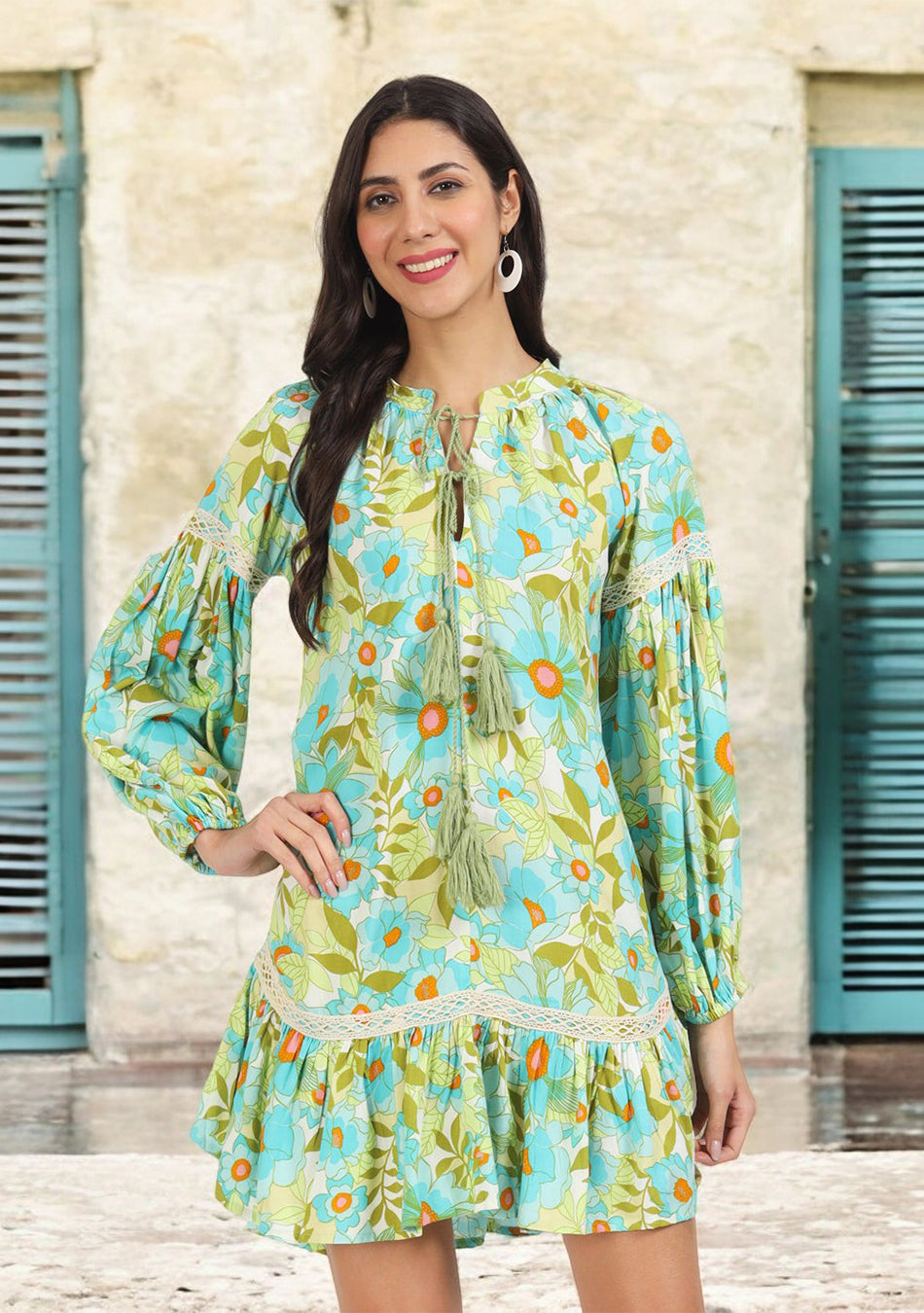 Green Floral Printed Rayon Dress