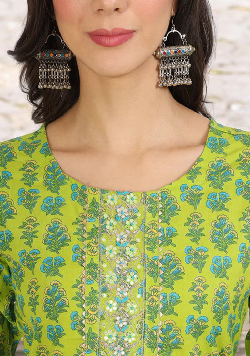 Green Floral Print Cotton Kurta Pants with Dupatta