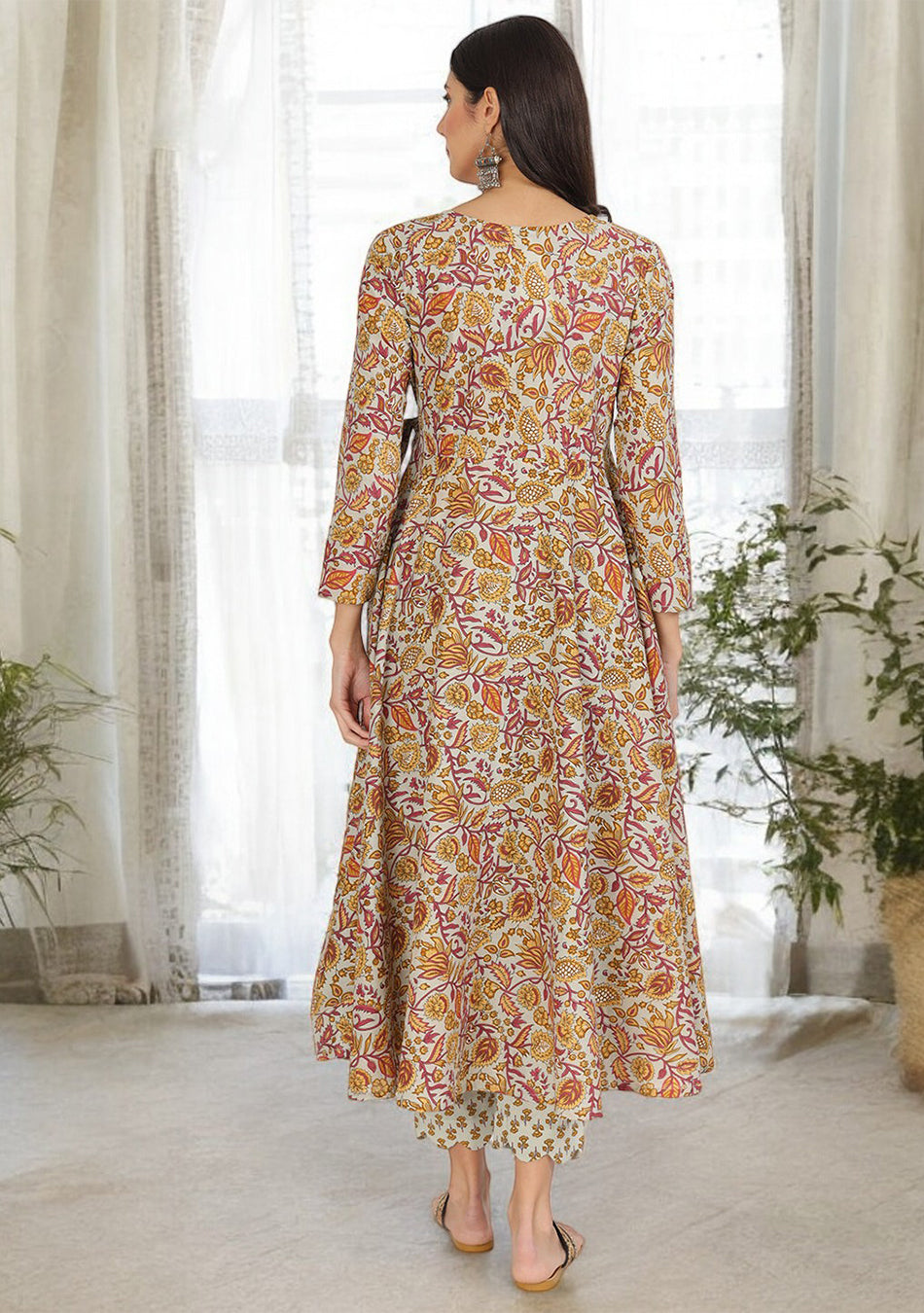 Brown Floral Print Cotton Angrakha Kurta Pants set