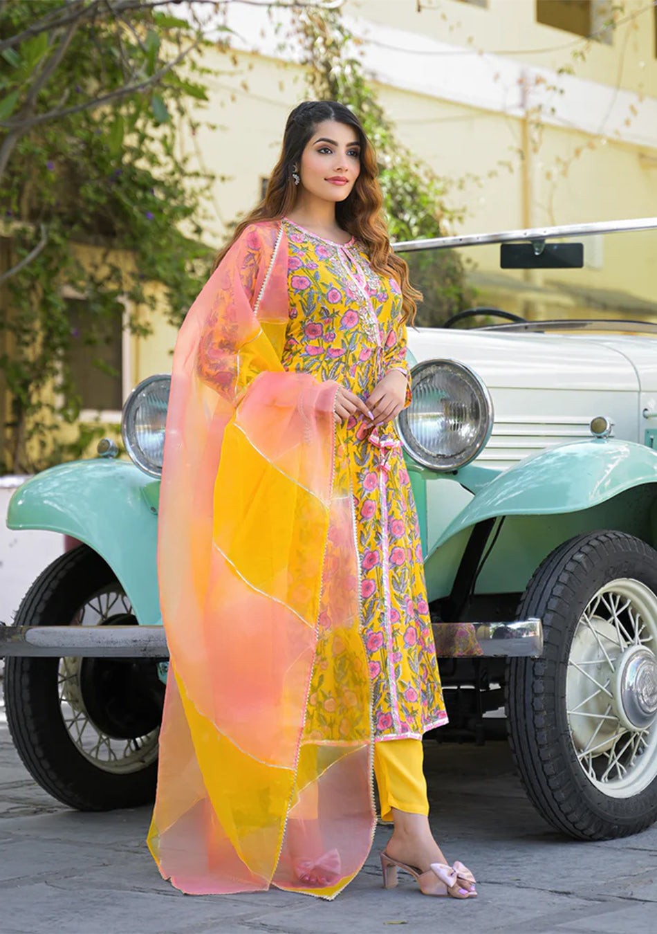 Yellow Floral Printed Muslin Kurta Pant with Dupatta
