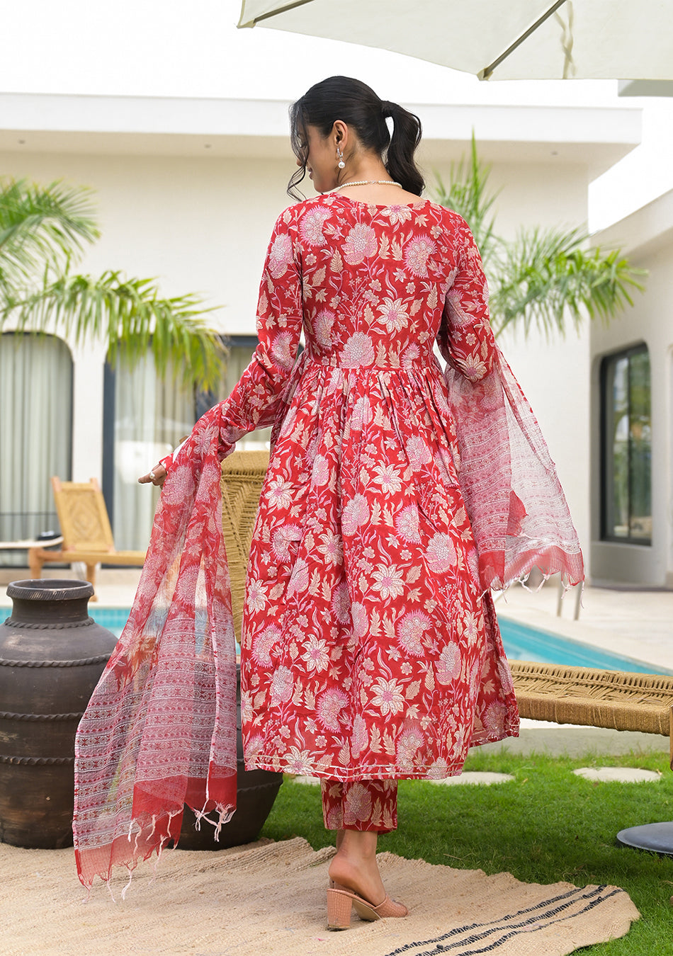 Floral Printed Red Cotton Alia Cut Kurta Set for women