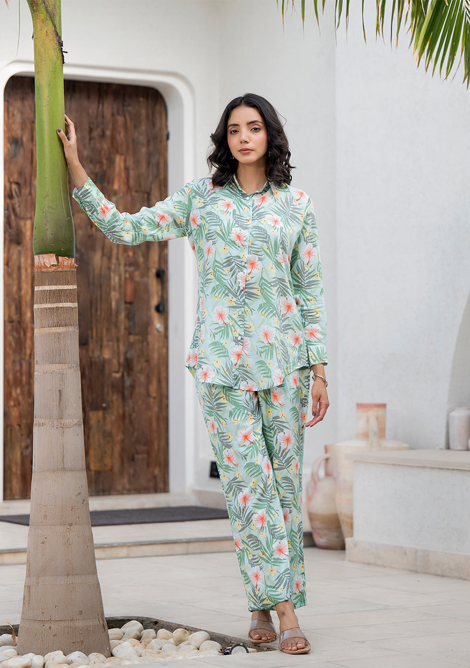 Sky Blue Floral Printed Rayon Co-ord Set
