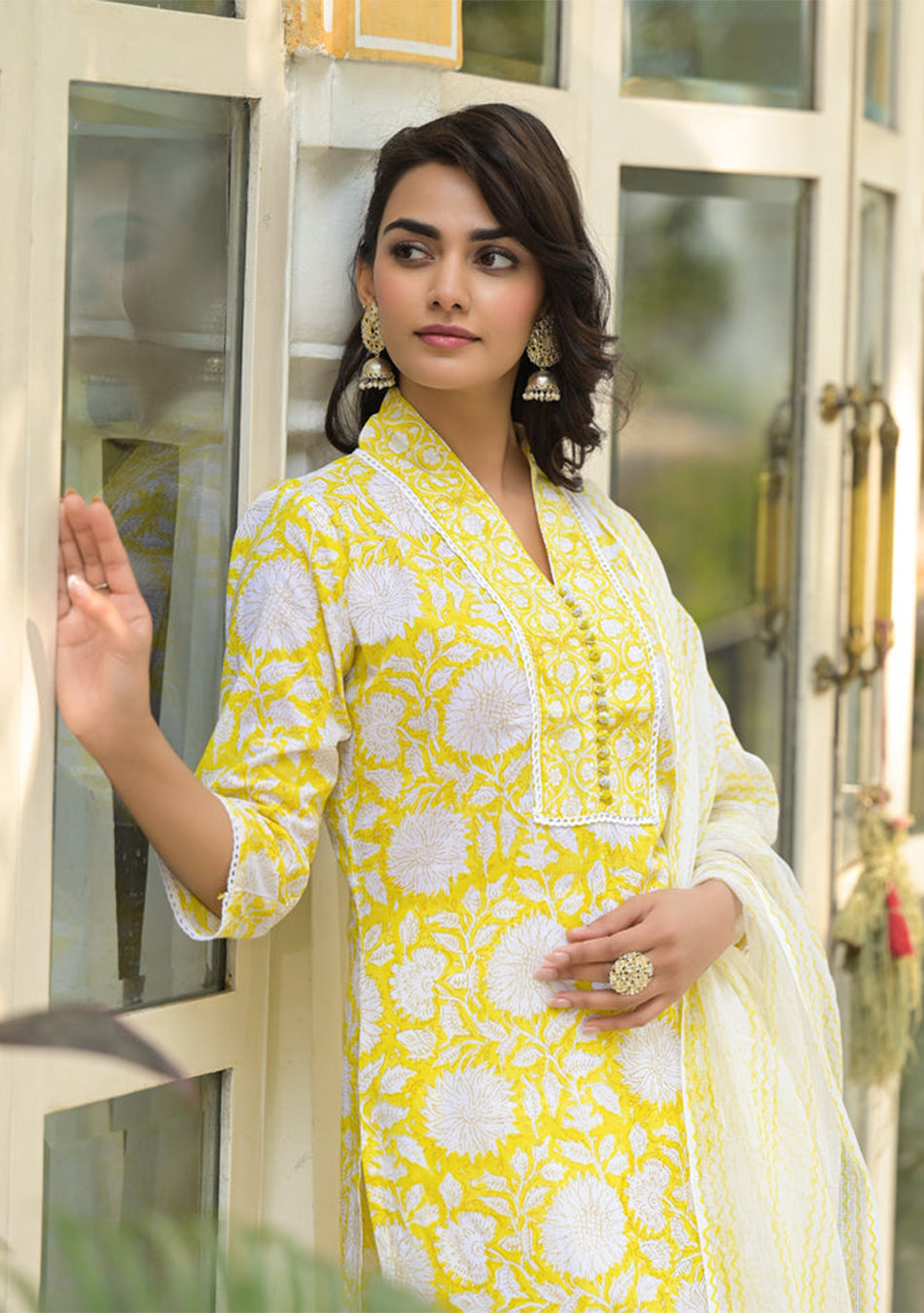 Yellow Hand Block Print Pure Cotton Straight Kurta Set
