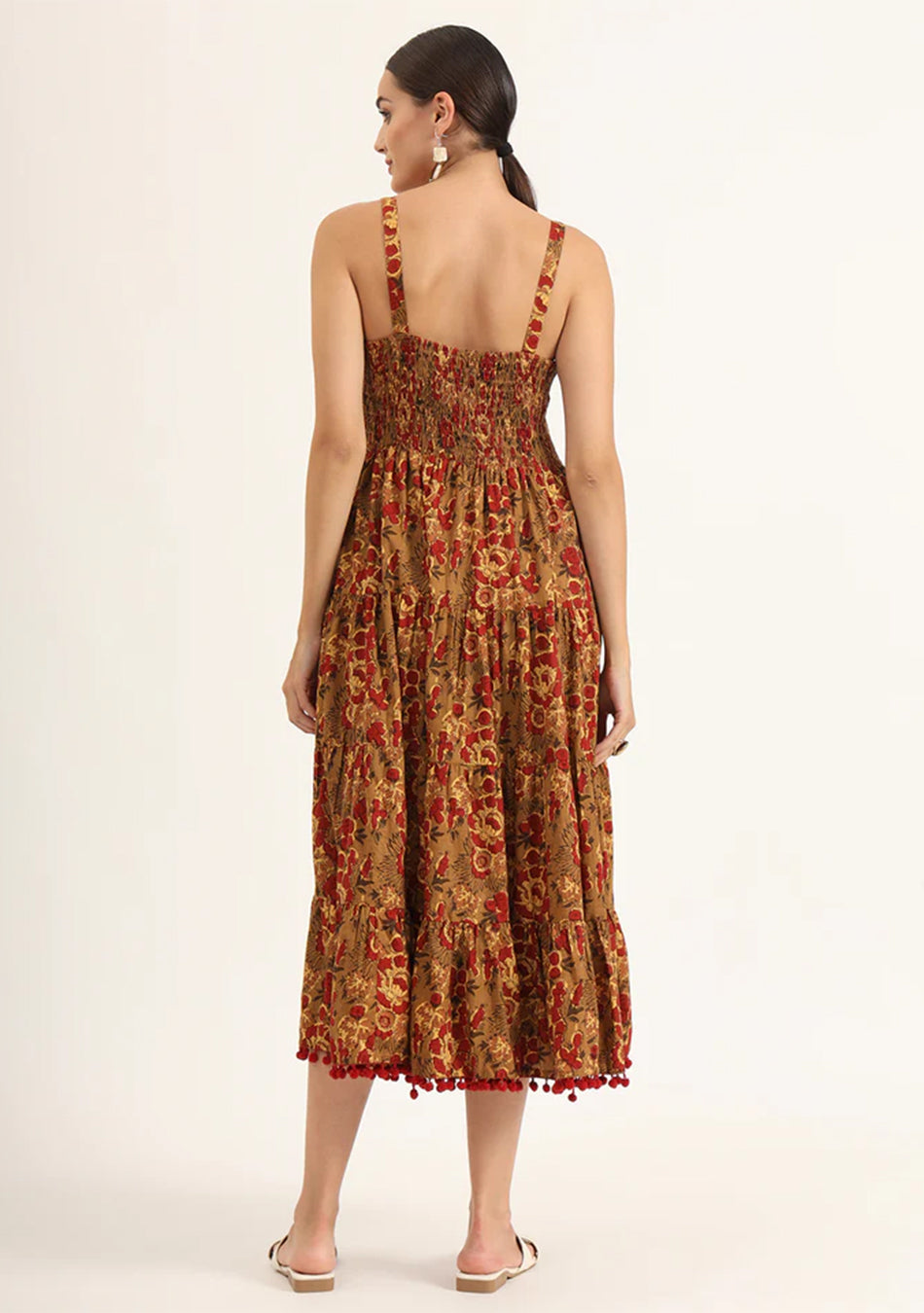 Brown Floral Print Pure Cotton Fit & Flare Dress