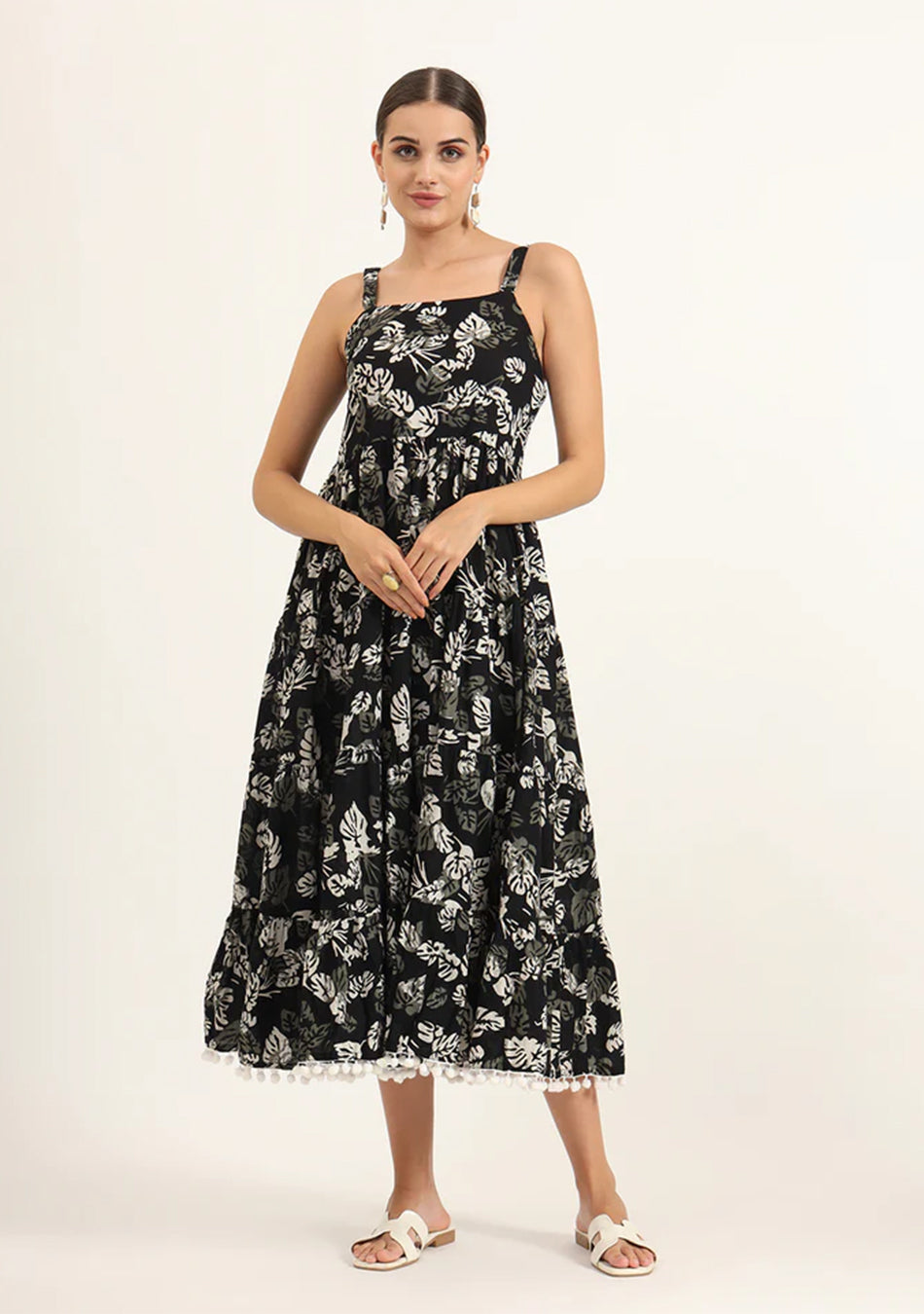Black Floral Print Pure Cotton Fit & Flare Dress