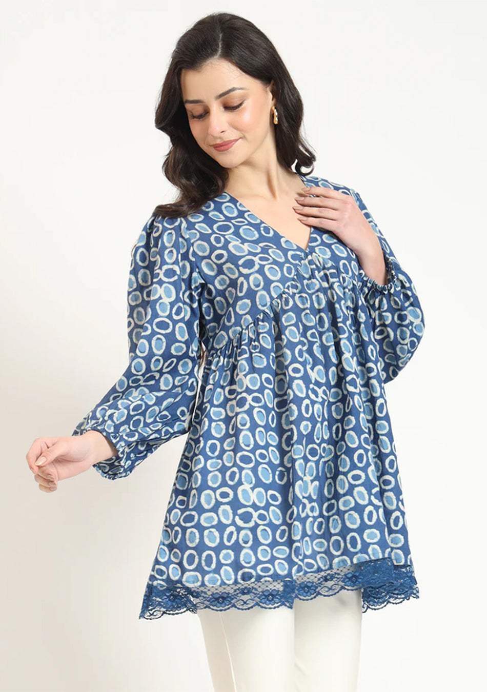 Blue Cotton V-Neck Top