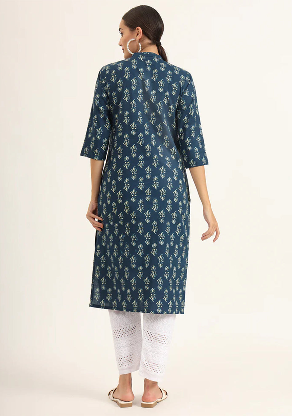 Blue Floral Print Pure Cotton Straight Kurta