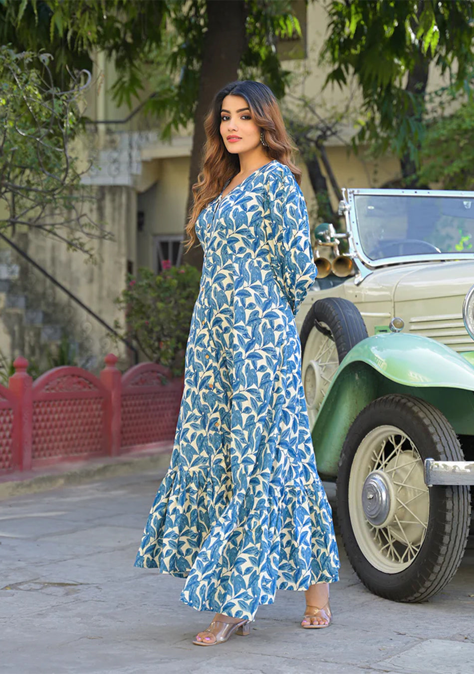 Blue Floral Print Rayon Fabric Flared Long Dress