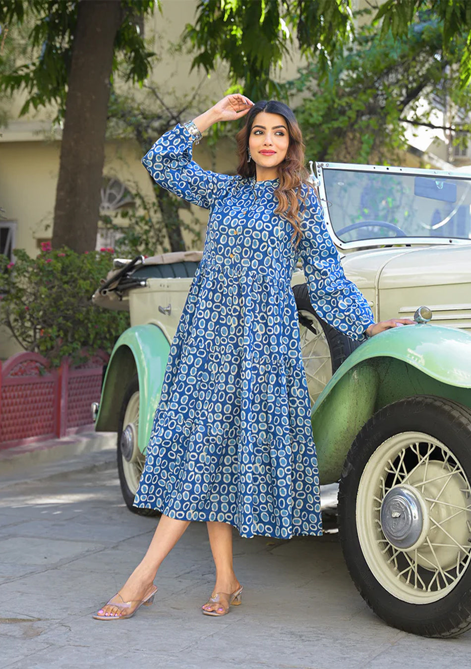 Blue Floral Print Cotton Fabric Fit Flared Dress