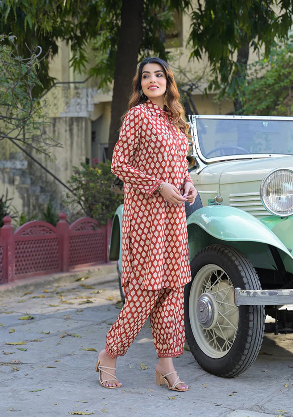 Red Ethnic Printed Cotton Fabric Shirt Kurta With Trouser
