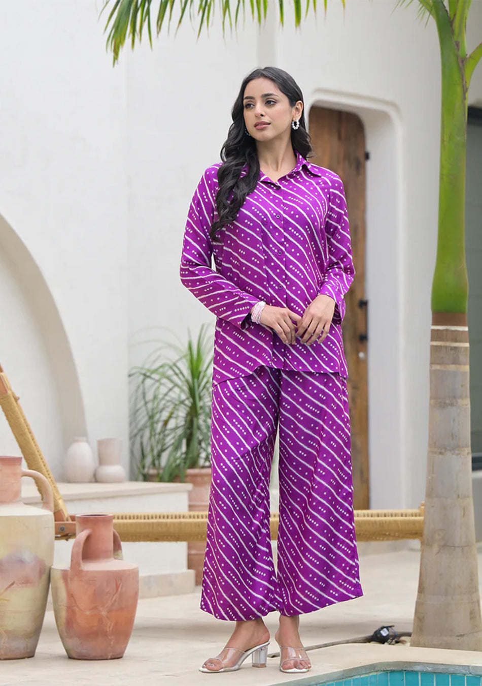 Purple Stripes Shirt With Trousers Co-Ords
