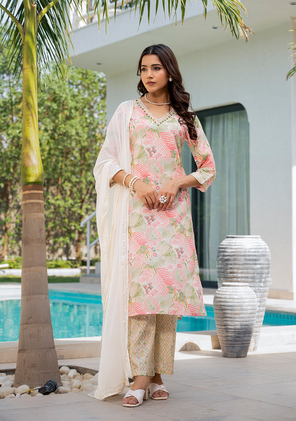 Cream Embroidered & Floral Print Muslin Kurta Set