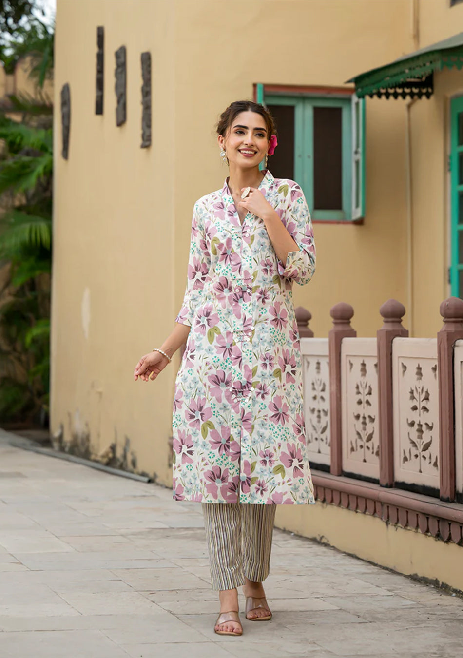 Lavender Floral Print Pure Cotton Straight Kurta with Trouser