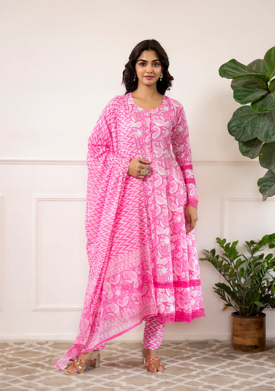 Pink Floral Print Cotton Anarkali Kurta Trouser with Dupatta Set