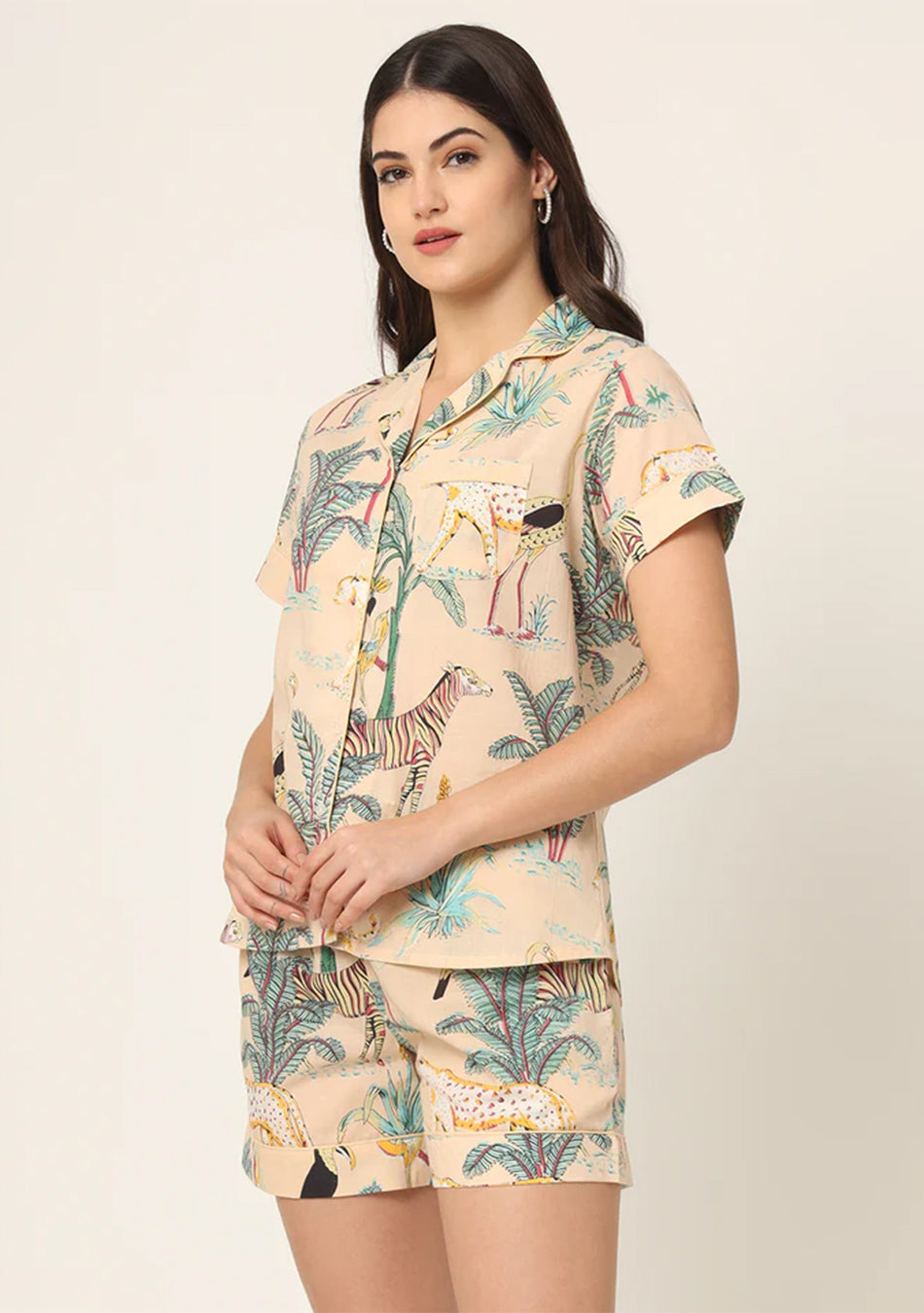 Cream Floral Print Pure Cotton Regular Night Suit