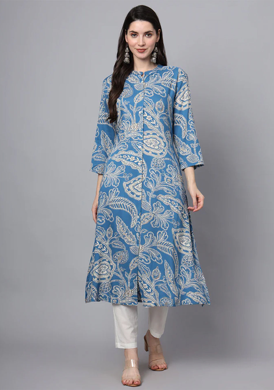 Blue Rayon Printed-A-Line Kurta