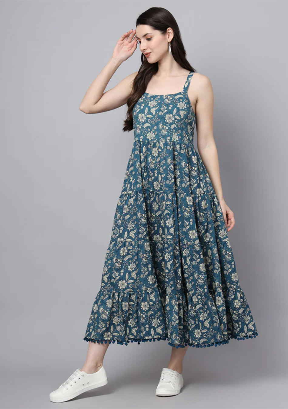Floral Printed Shoulder Straps Cotton Flared Dress
