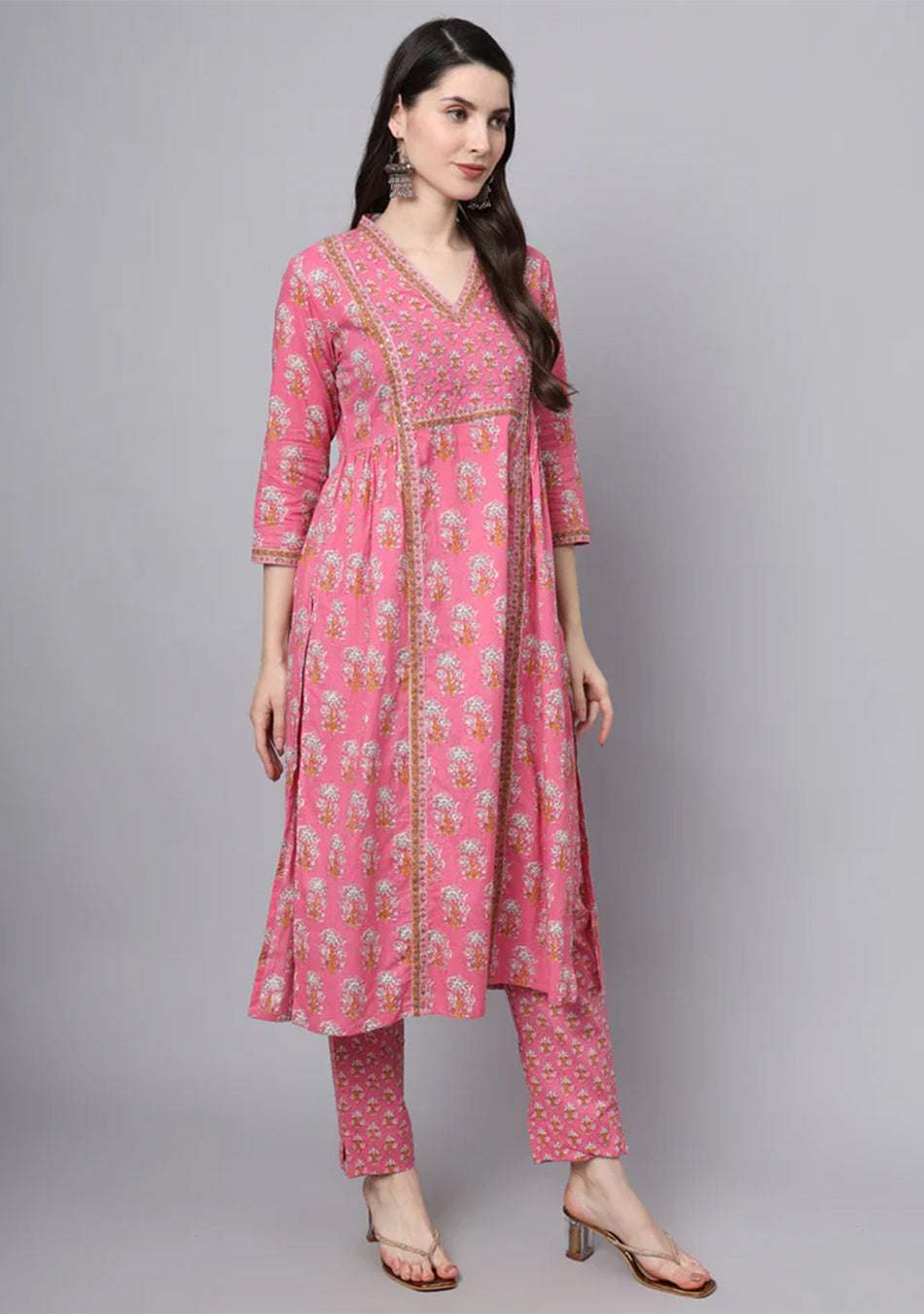 Pink Cotton Printed Sequin Work Kurta Set