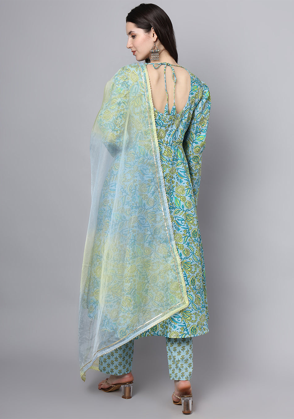 Floral Printed Sky Blue Cotton Anarkali Kurta Pant Dupatta Set