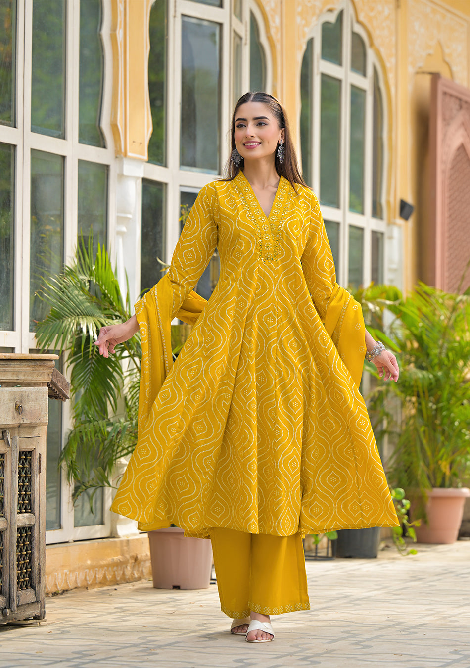 Mustard Bandhani Anarkali Suit Set