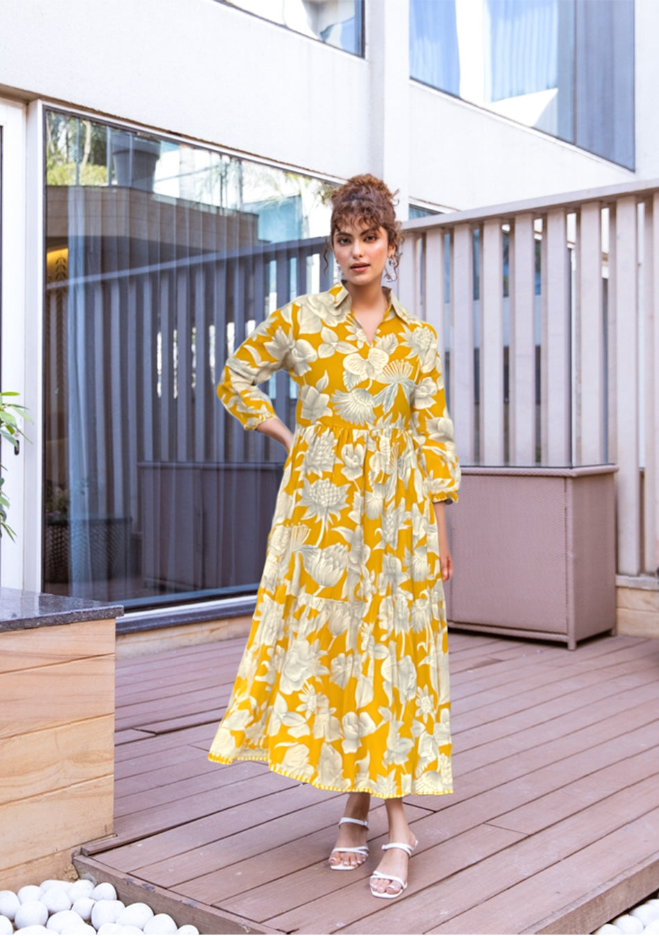 Yellow Botanical Tiered Dress