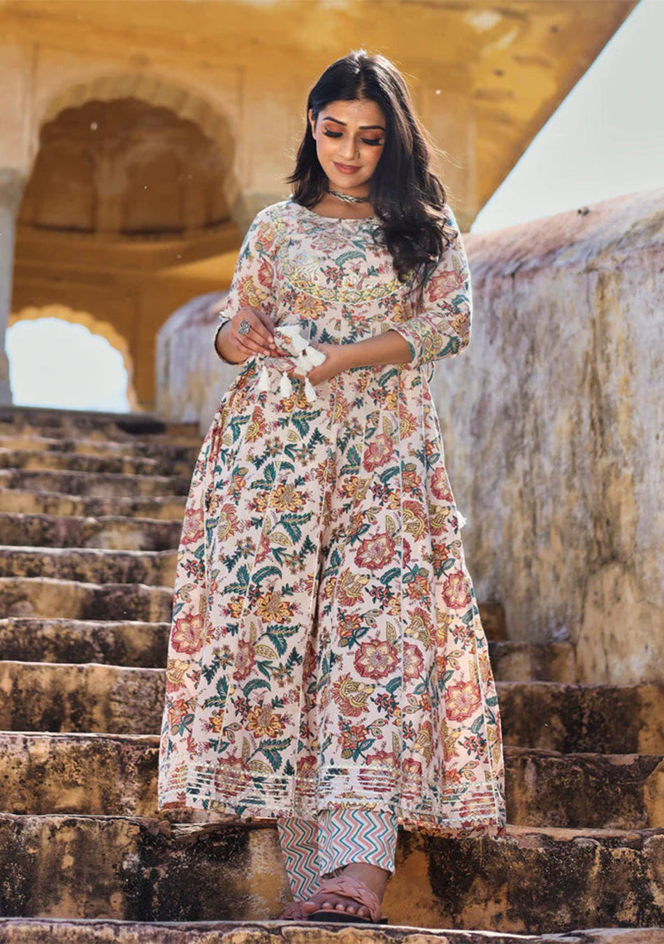 Off white Printed Anarkali Kurta Pant Set